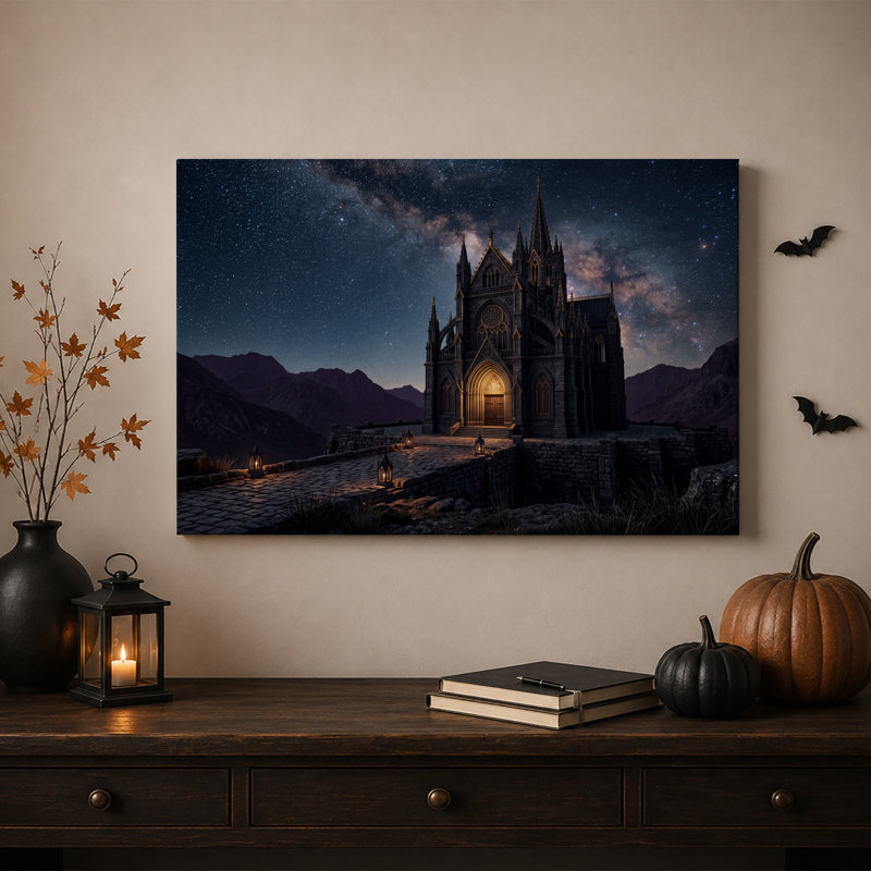 Cathédrale de pierre illuminée sous un ciel étoilé - Toile murale d'Halloween, H 36 po x l 48 po