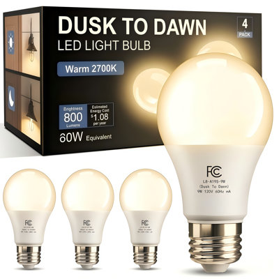 Dusk‑to‑Dawn A19 LED Light Bulb, 9W 60 Watt Equivalent, 800LM, Non‑Dimmable, E26 120V, Weatherproof, 2700K Warm White, 6‑Pack
