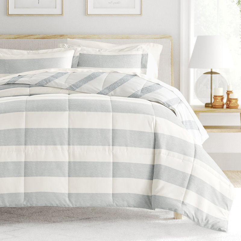 7 Piece Bedding Set - Comforter and Sheet Set, Édredon simple + 1 pièce supplémentaire, Gris / rayures bleues