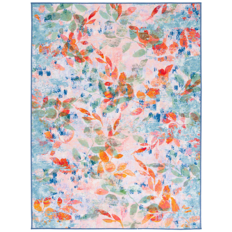 Blush Pink and Green Floral Washable Synthetic Rug