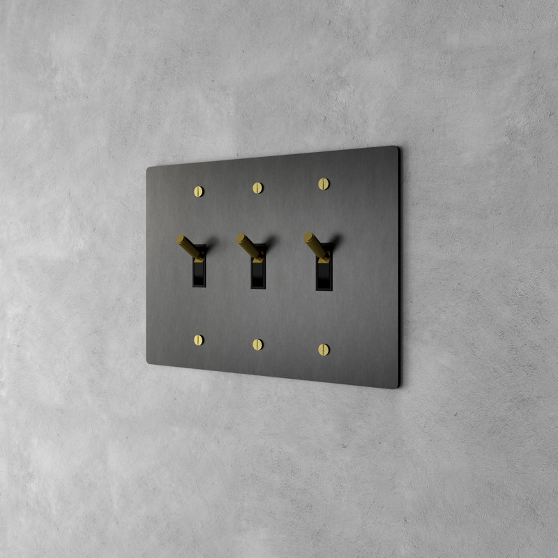Ozarke Modern Brass Toggle Switch, 3 Gang 2 Way, Night Black with Brass