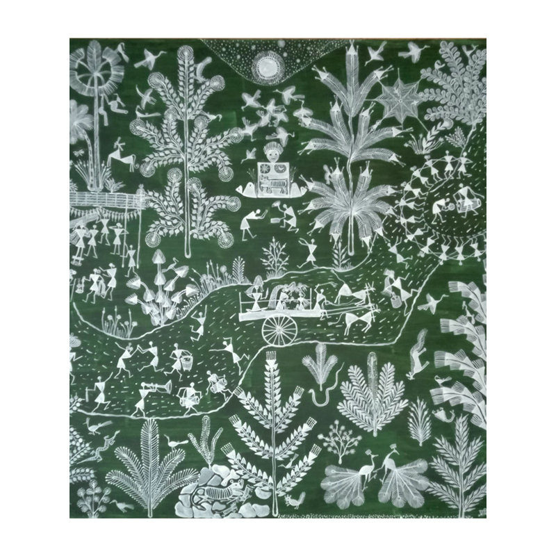 Peinture de la célébration du village | Bouse de vache et acrylique sur toile Manjarpat | Par Pravin Mhase