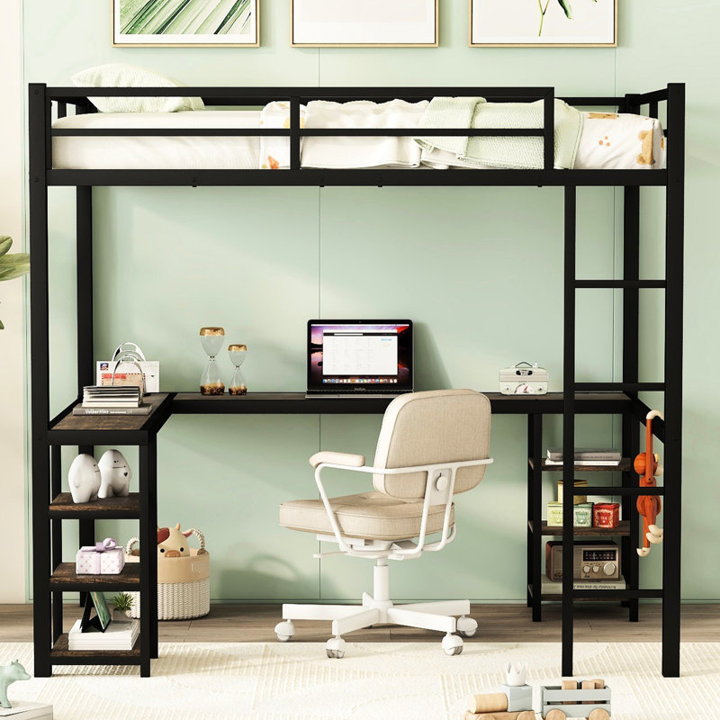 Lit mezzanine en métal avec bureau et touches décoratives - Chambre noire pour utilisation à long terme