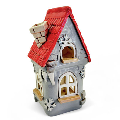 Clay House Candle Holder Grey With The Red Roof