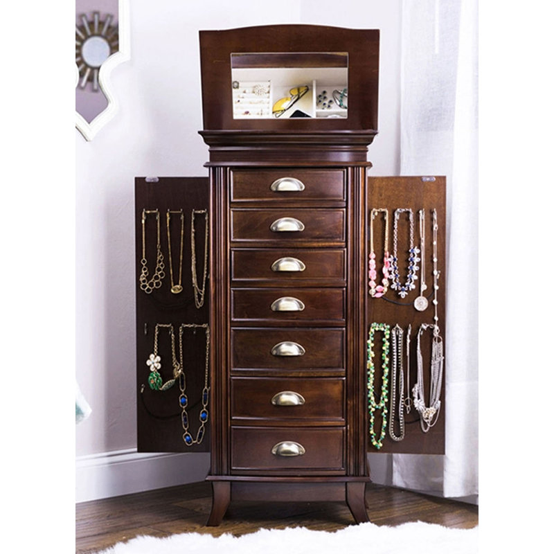 Armoire à bijoux multifonctionnelle en bois massif de style européen, Brun