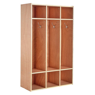 3-Section Kids Coat Locker, Wooden Toddler Cubby Storage Organizer with 6 Hooks & Non-Slip Mat, Modern Kid Coat Cubbies with 6 Small Open Storage Boxes for Home, Kindergarten, Daycare, Natural