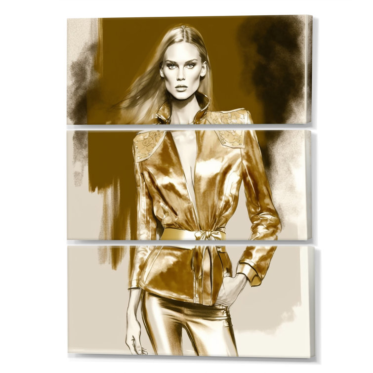 DesignArt Haute Couture Sketch In Retro Gold II On Canvas 3 Pieces ...