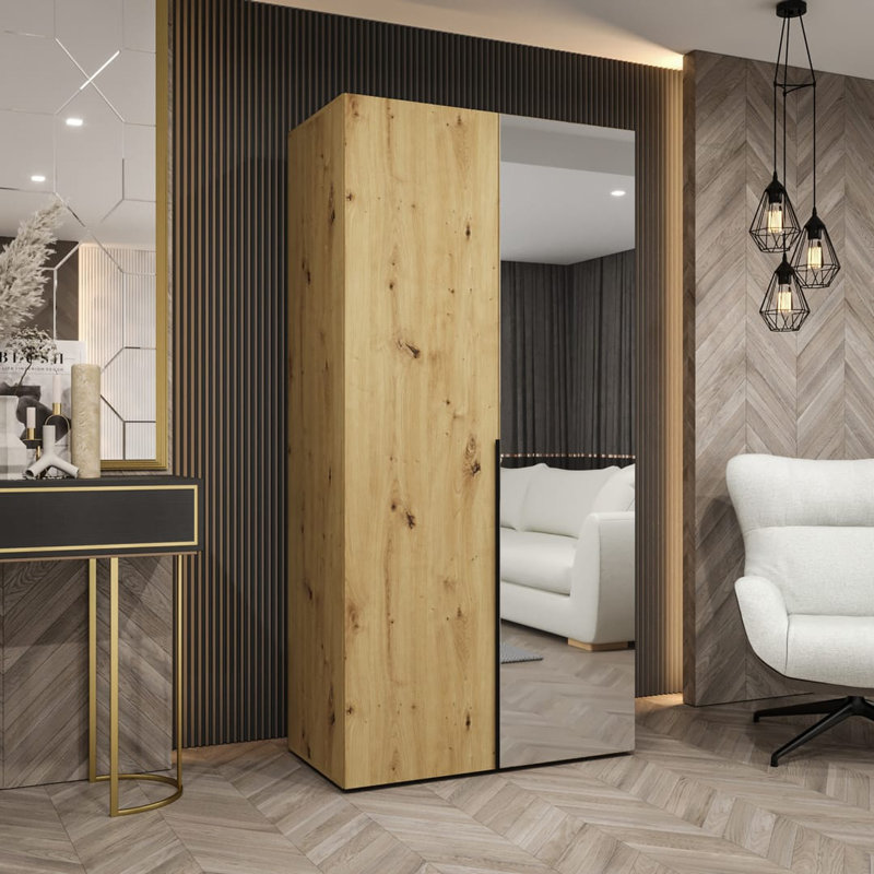 Crisp Hinged Mirrored Door Wardrobe 100cm - Sleek Style & Bright Storage, Cashmere
