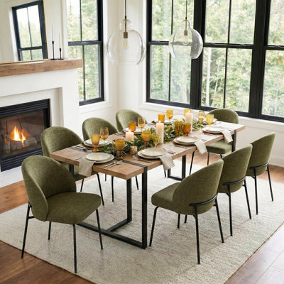 78.7" Industrial Wood Dining Table Set For 8 With Upholstered Curved Back Chairs