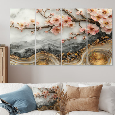 Marble Cherry Blossom Trees Poetry Of Petals III - Cherry Blossom Wall Art - Traditional Wall Art Decor Set