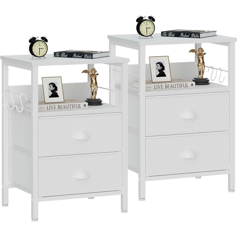 Nightstands Set 2, End Table With 2 Fabric Drawers, Bedside Table With 2 Hooks, Open Wood Shelf Side Sofa Table For Bedroom/Living Room/Hallway/White