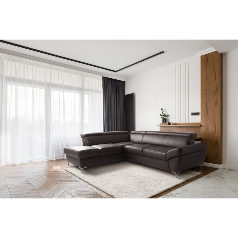 CAPRI Genuine Leather Corner Sofa with Pull-Out Bed and Storage and Adjustable Headrests, Left Hand Facing, Brown