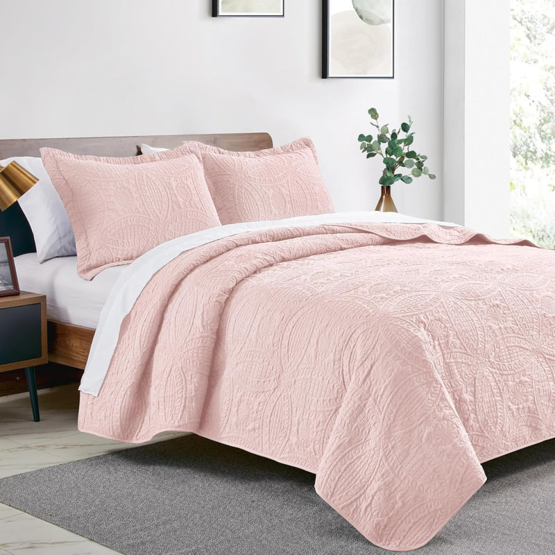 King Size Quilt Set Umber Bedspreads - Soft Bed Summer Quilt Lightweight Microfiber - Modern Style Coin Pattern Coverlet For All Season - 3 Piece (1 Quilt, 2 Pillow Shams)