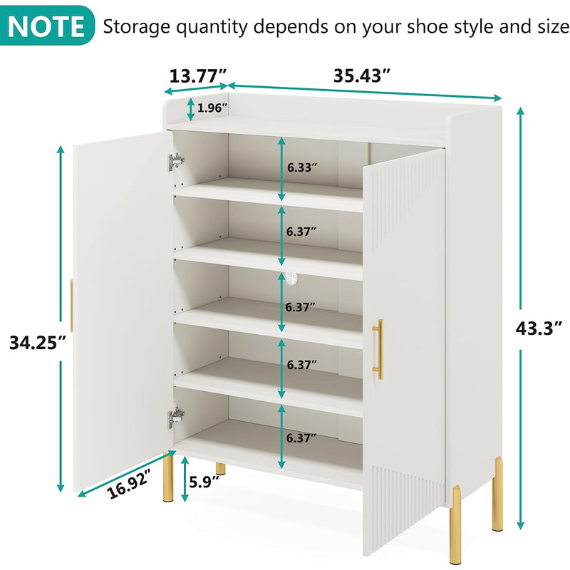 20 Pair Shoe Cabinet with Doors, 5-Tier Entryway Shoe Storage Cabinet, White/Gold