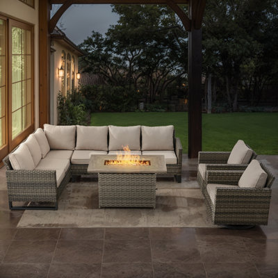 Ingvald 8- Person Outdoor PE Wicker Patio Conversation Set with Fire Pit and Cushions