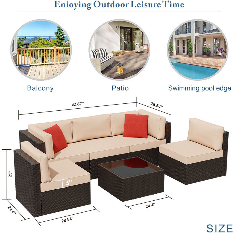 6 Piece Wicker / Rattan Outdoor Sectional Seating Group with Cushions, Brown