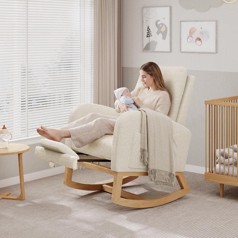 Chaise berçante avec repose-pieds réglable - dossier haut, revêtement ergonomique Boucle, pieds robustes en bois, poche latérale