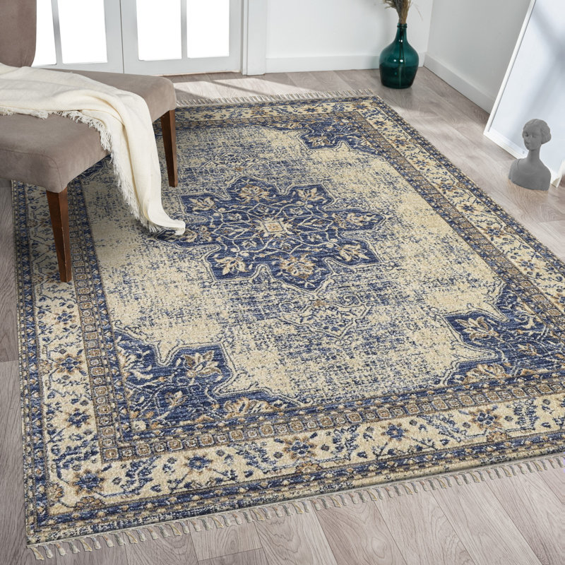 Tapis oriental bleu / beige Dovidio, Rectangle de 5 pi x 7 pi
