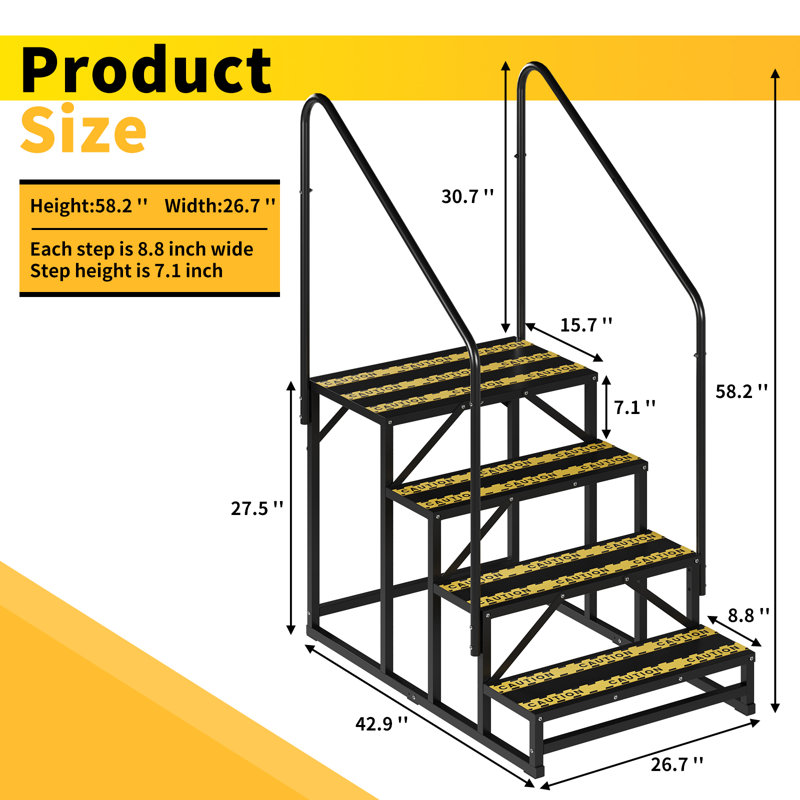 4 Steps Rv Steps With 2 Handrails, Non-slip Hot Tub Steps, Mobile Home Stairs With Non-skid Tapes, Outdoor Steps For Spa Pool, Camper, Travel Trailers, Porch