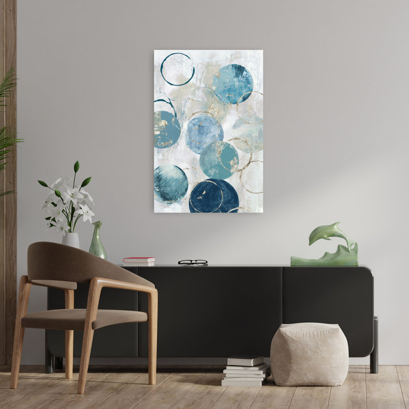 Cercles bleus I, art géométrique abstrait contemporain, H 36 po x l 24 po