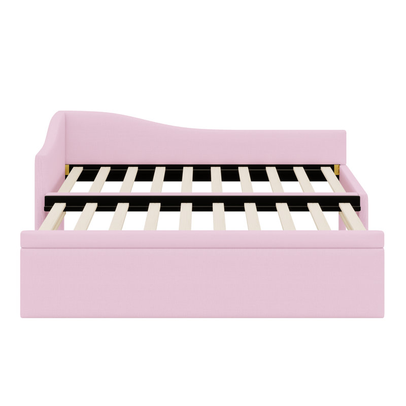 Linen Fabric Upholstered L-Shaped Daybed With Pop-Up Trundle, Slats, Pink