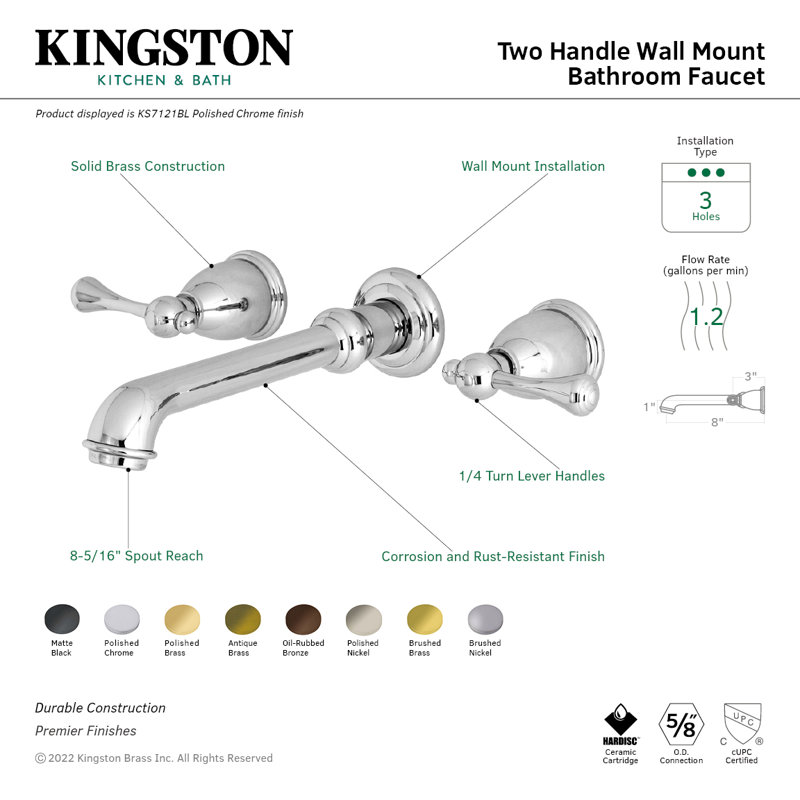 Kingston Brass English Country Two-Handle 3-Hole Wall Mount Bathroom Faucet, Matte Black