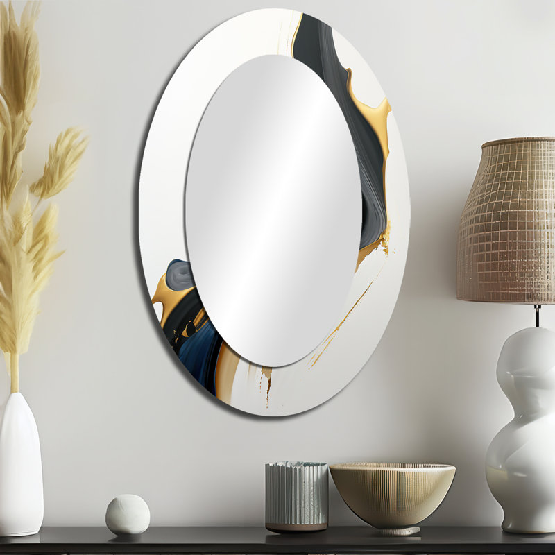 Black, White And Gold Liquid Art II - Abstract Oval Decorative Mirror On Metal, 36" x 24"
