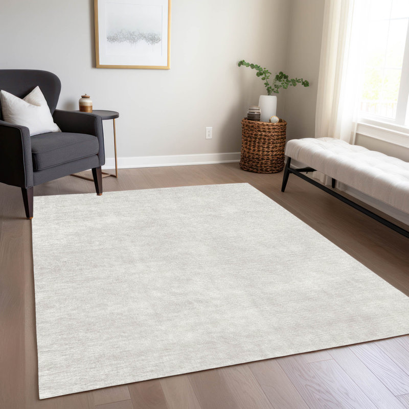 Ivory Flat Woven Rectangular Washable Synthetic Rug