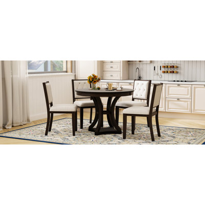 Table et chaises de salle à manger rétro 5 pièces, plateau de table extensible, 4 chaises rembourrées, grain de bois naturel, coussins confortables, pour les salons à structure solide ronde, sièges rembourrés de 2,4 po d'épaisseur,