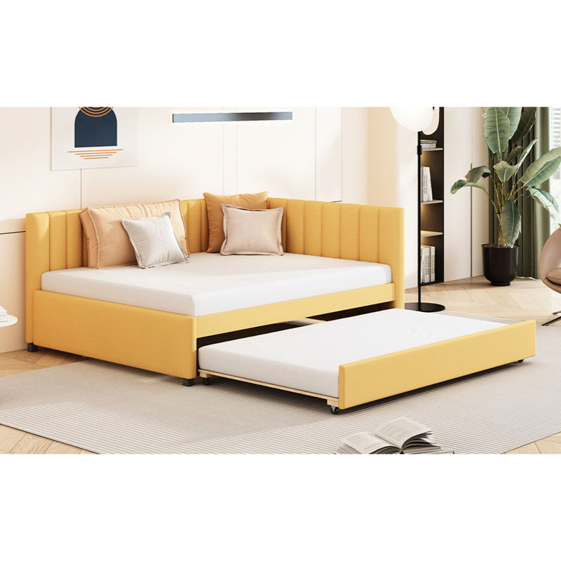 Lit de jour rembourré avec lit gigogne en lin jaune, sans sommier tapissier, structure en bois stable pour un espace de détente gigogne en lin, matériaux robustes, configuration de chambre à coucher pratique