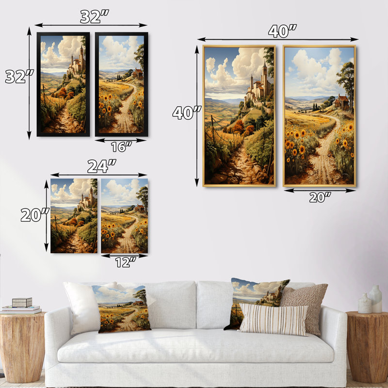 «Espagne Golden Fields Méditerranée», 2 pièces, H 40 po x l 40 po, Cadre noir
