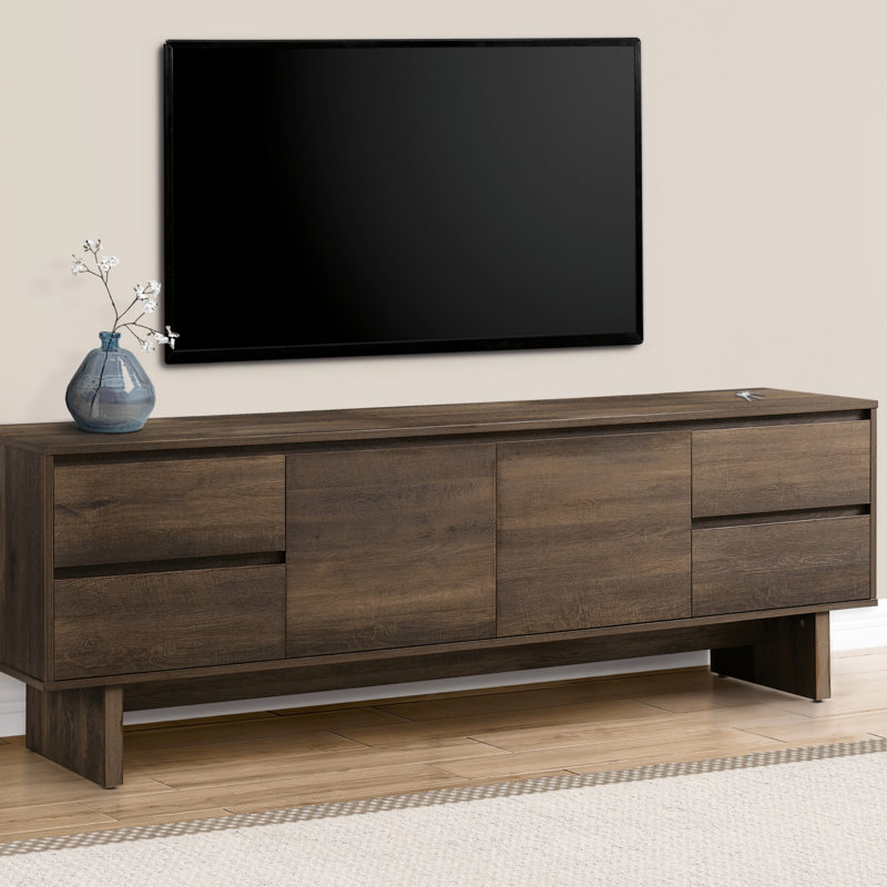 Meuble télé, console de 72 po, meuble multimédia, tiroirs de rangement, armoire de rangement, stratifié brun, transitionnel