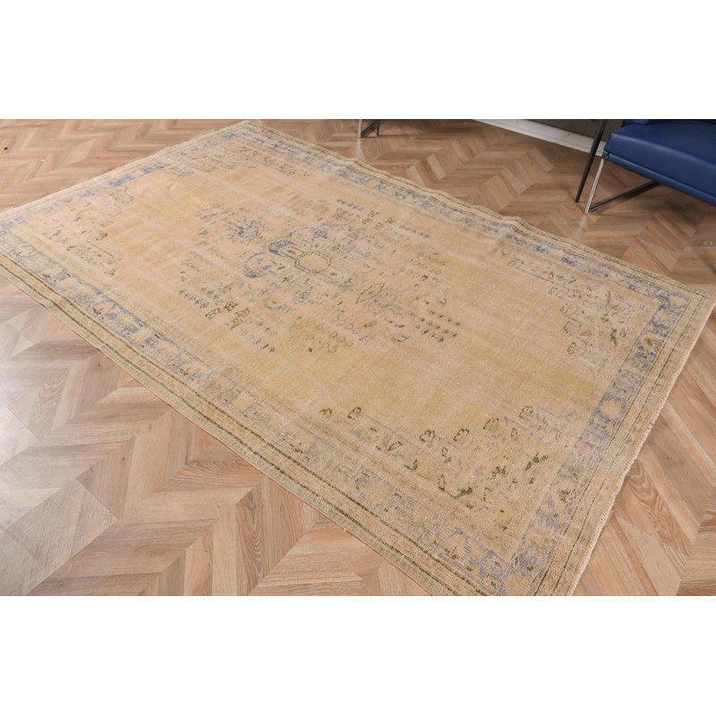Grand tapis turc beige Anatolian rétro avec un motif tribal en laine Oushak, idéal pour le salon