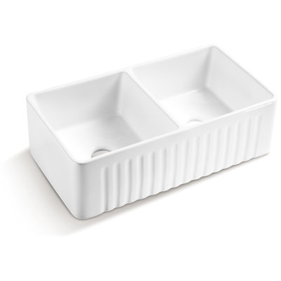 Évier de cuisine en céramique blanche - l 18,05 po x H 10,05 po, P 33,96 po, 93 lb, encastré, rayé et teint, style D H, finition glaçure