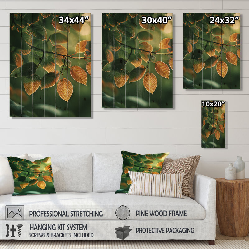 Sun-Kissed Leaves II - Décoration murale en bois de feuilles - sur bois de pin naturel, H 20 po x l 10 po