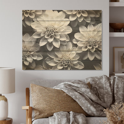Essential Black And White Mums Beauty I - Mums Wood Art On Natural Pine Wood