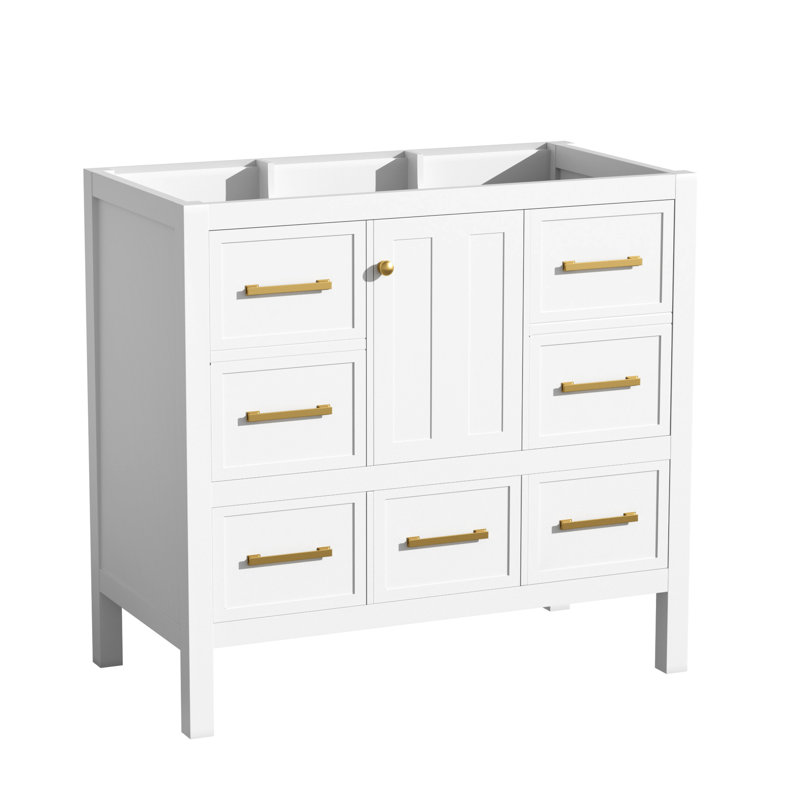 Rangement de salle de bain blanc, bois massif et 5 tiroirs, fermeture en douceur, meuble-lavabo 36 po, armoire, bois, portes à fermeture,