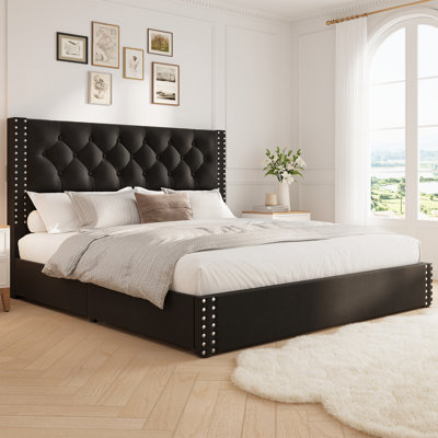 Murphy Shaped Solid Wood Bookcase Bed Frame With Bookcase Headboard and 4 Drawers