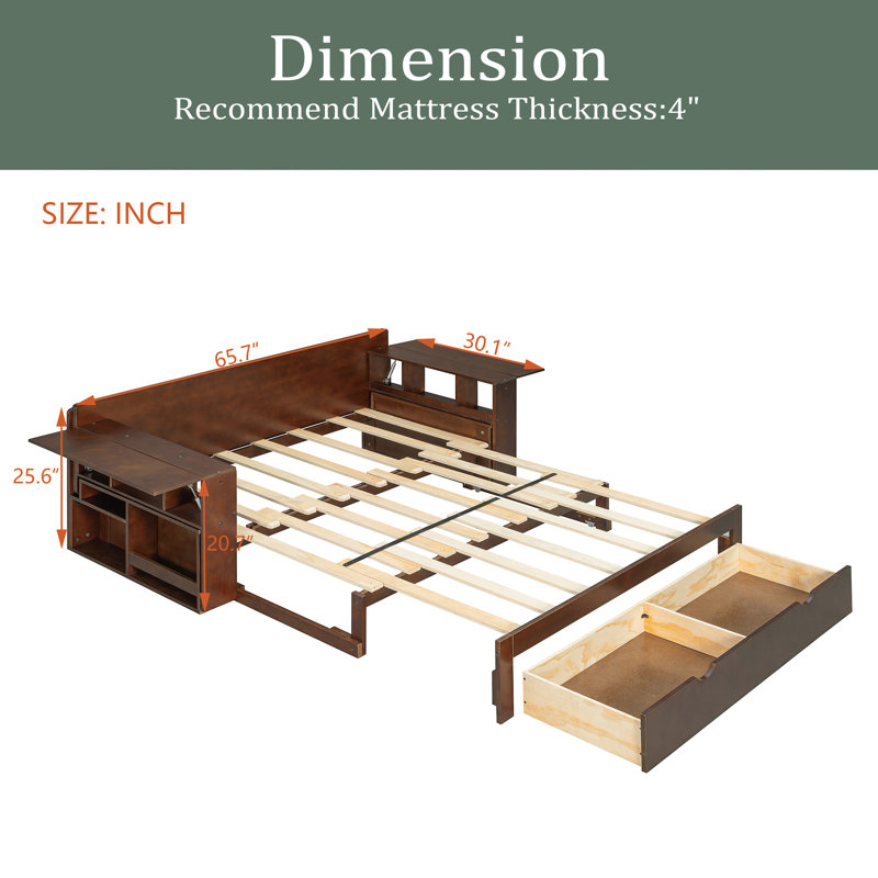 Daybed With Removable Desk, Storage Drawers & Hydraulic Side Table, Full, Espresso