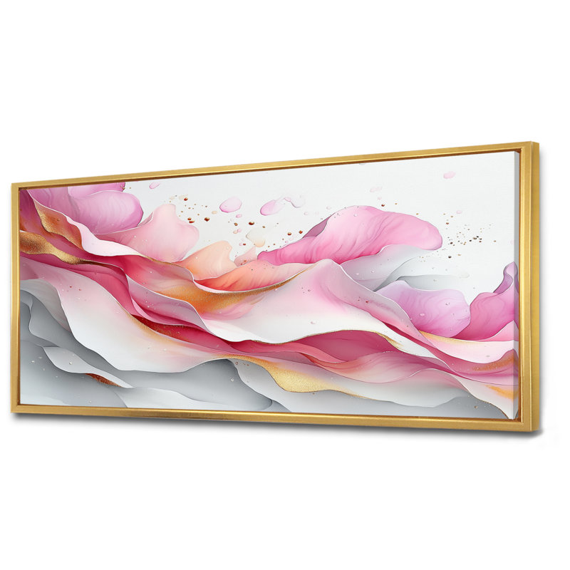 Fondations fluides de Rosa IV - art mural abstrait en marbre, H 28 po x l 60 po, Impression encadrée flottante, Doré