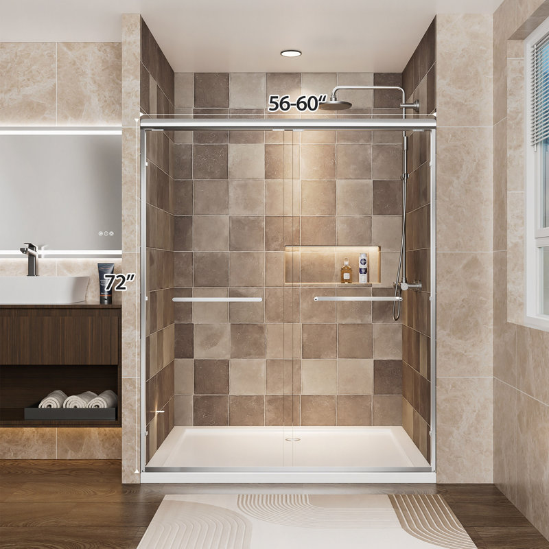 Porte de douche coulissante double à cadre en aluminium de 56 à 60 po x H 72 po, verre trempé transparent de 1/4 po (6 mm) avec film antidéflagrant, poignées doubles en acier inoxydable