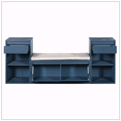 All-in-One Entryway Storage Bench with Cushion, Compartments, Drawers & Open Shelves, Storage Bench