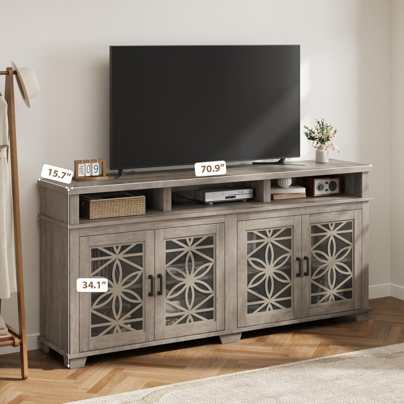 Farmhouse TV Stand for 80 inch, Mid Century Modern Entertainment Center with LED Lights and Storage, Wooden Media Console Cabinet Furniture with Glass Door for Living Room Bedroom