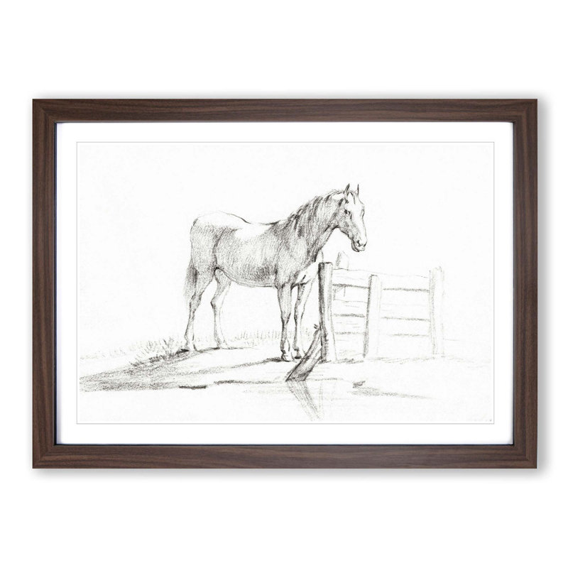 Horse by the Gate by Jean Bernard - Picture Frame Drawing Print, Walnut Framed, 27cm H x 36cm W x 2cm D