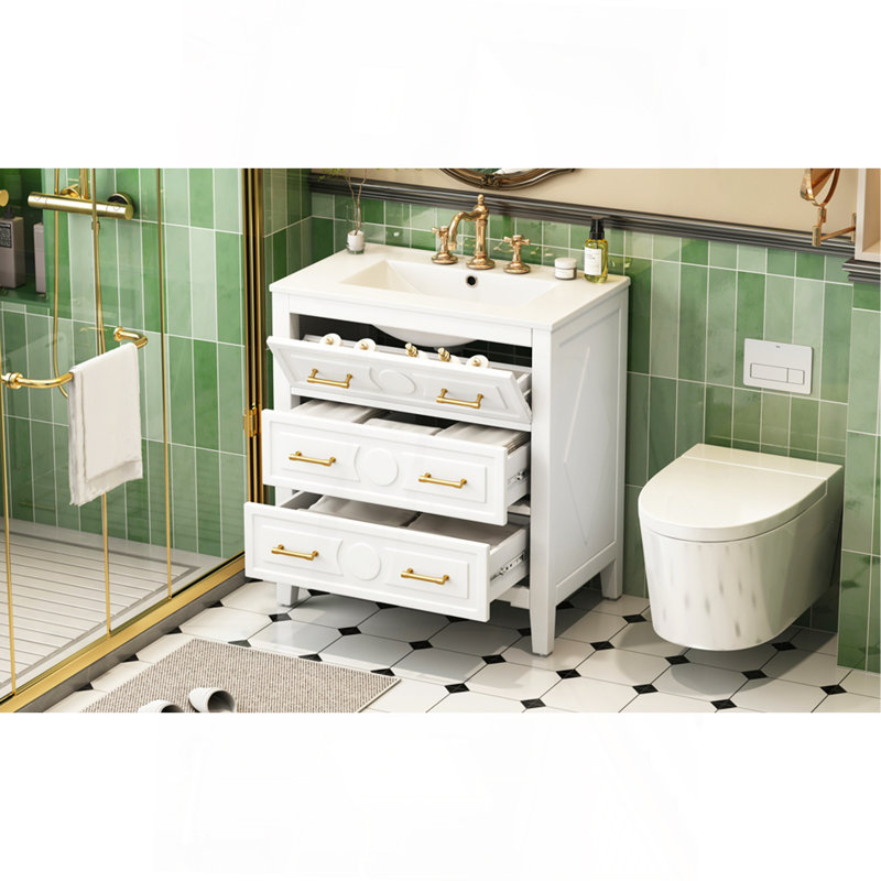Ensemble de meuble-lavabo simple 30 po avec 3 tiroirs, meuble-lavabo autoportant avec cadre en bois massif 30 po, blanc