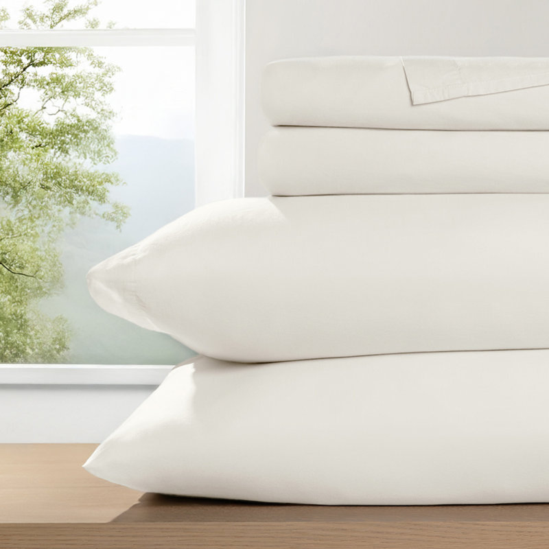 Ensemble de draps 100% coton percale brossé et délavé 4 pièces, Ensemble de draps pour grand lit avec 2 taies d'or, Ivoire