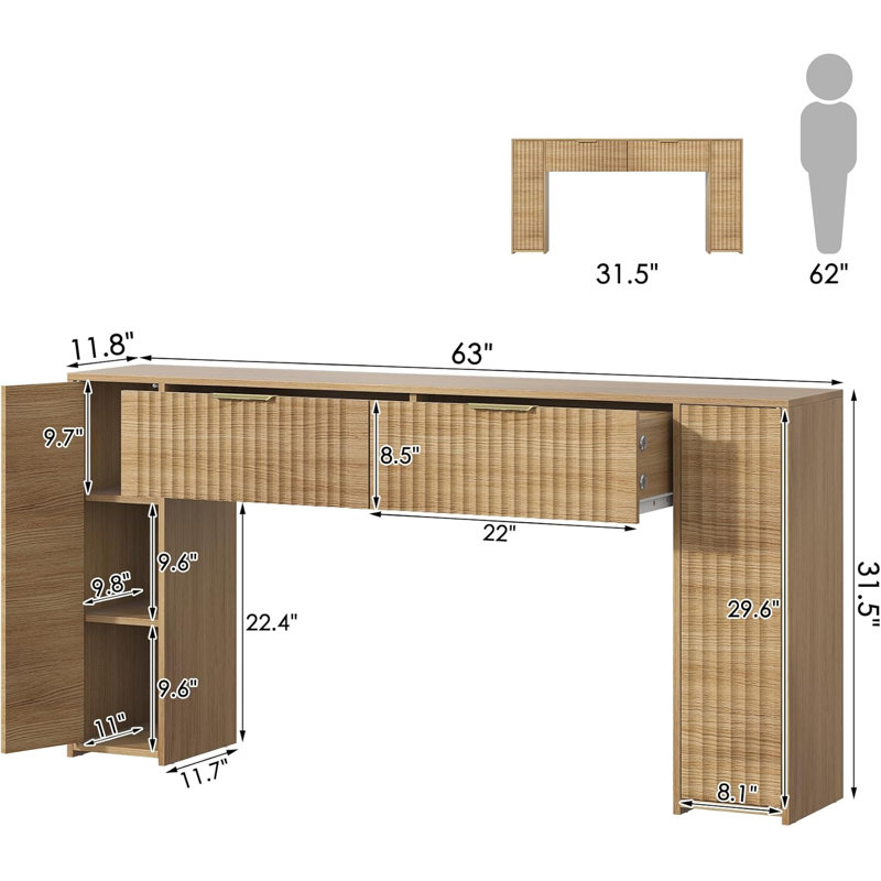 63" Fluted Console Table for Entryway, Entryway Table with 2 Drawres & Hidden Storage Cabinets, Natural