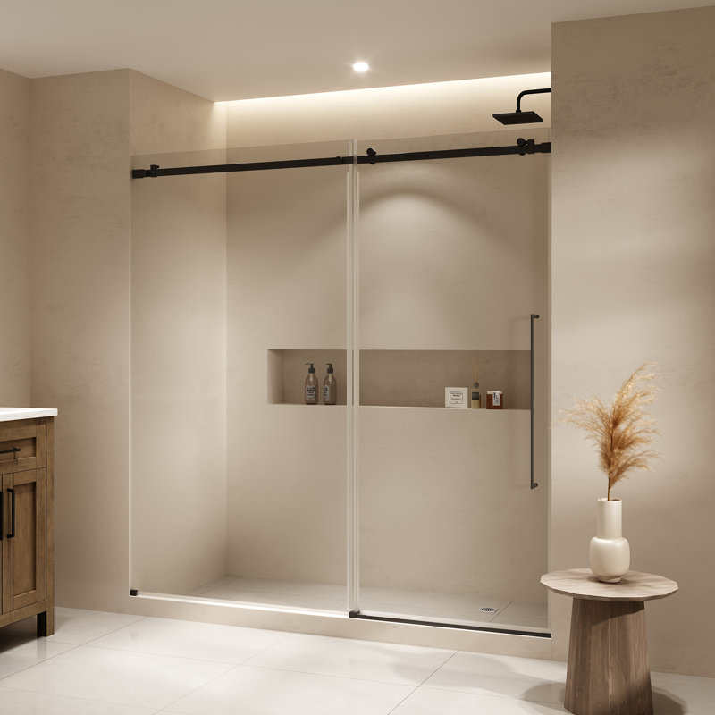 Ove Decors Selby 72 In. W X 74 In. H Frameless Sliding Clear Straight Alcove Shower Door, Black