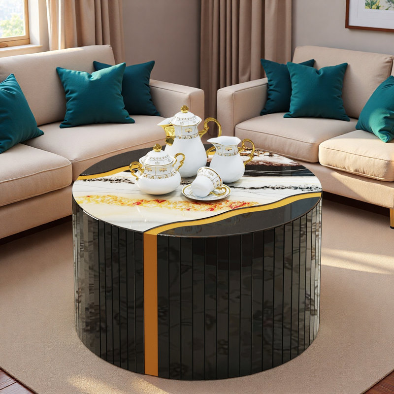 Table basse cylindrique avec miroir en verre, motif marbré et décoration poudre dorée, Noir