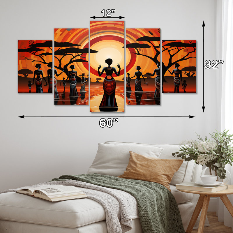 Célébration tribale sacrée de la pleine lune - Art africain, art mural, 5 pièces, H 32 po x l 60 po
